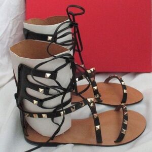 Valentino Garavani Black and Tan Spike Gladiator Sandals